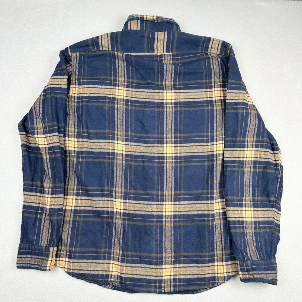 J.Crew Flannel Shirt Mens Large Navy Blue Yellow Plaid Cotton Button Down L
